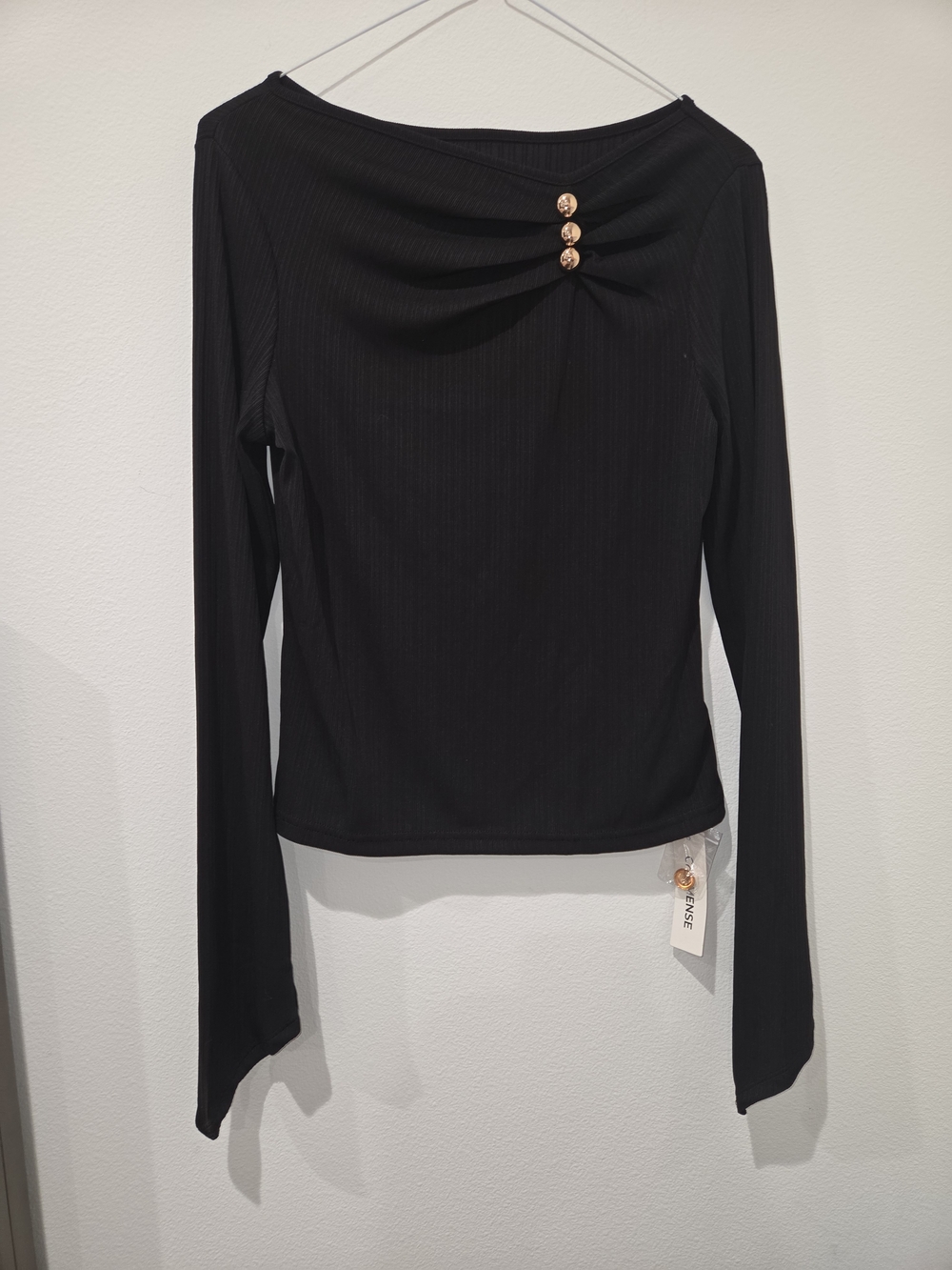 Commense Black Long-Sleeve Ribbed Top with Gold Accent Buttons